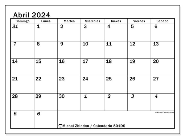 Calendario abril 2024, 501DS. Diario para imprimir gratis.