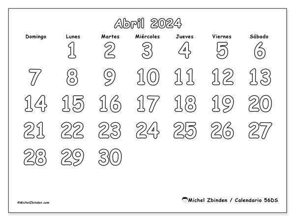 56DS, calendario de abril de 2024, para su impresión, de forma gratuita.