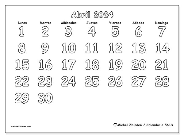 Calendario abril 2024, 56LD. Diario para imprimir gratis.