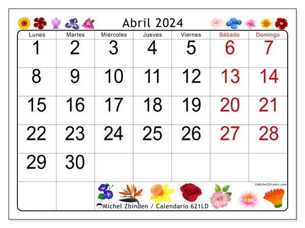 Calendario abril 2024, 621LD. Diario para imprimir gratis.
