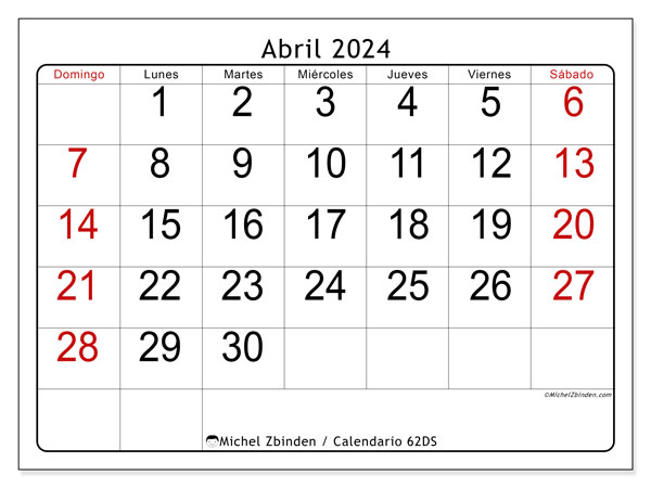 Calendario abril 2024, 62DS. Diario para imprimir gratis.
