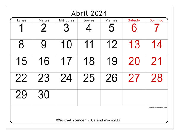 Calendario abril 2024 “62”. Calendario para imprimir gratis.. De lunes a domingo