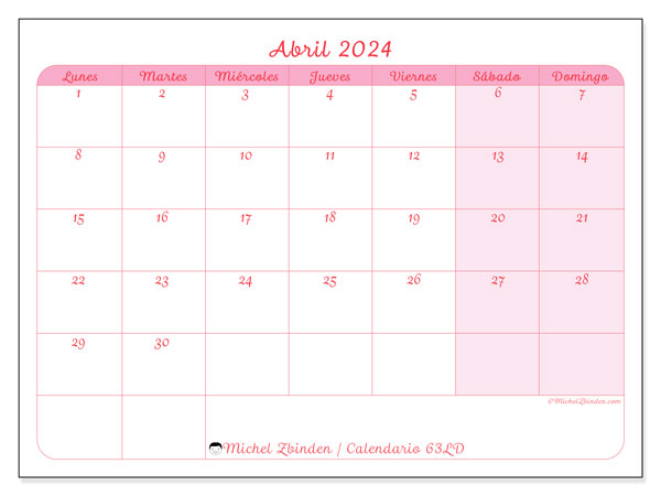 Calendario abril 2024, 63LD. Diario para imprimir gratis.