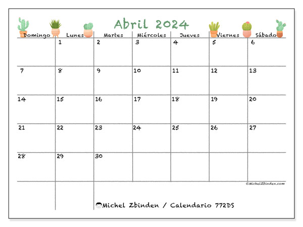 Calendario abril 2024 “772”. Horario para imprimir gratis.. De domingo a sábado