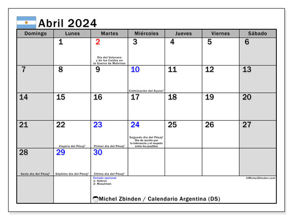 Calendario abril 2024 “Argentina”. Calendario para imprimir gratis.. De domingo a sábado