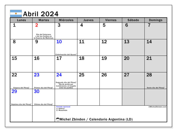 Calendario abril 2024 “Argentina”. Calendario para imprimir gratis.. De lunes a domingo