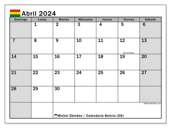 Calendario abril 2024 “Bolivia”. Diario para imprimir gratis.. De domingo a sábado