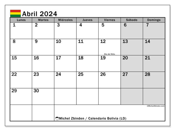 Calendario abril 2024 “Bolivia”. Diario para imprimir gratis.. De lunes a domingo