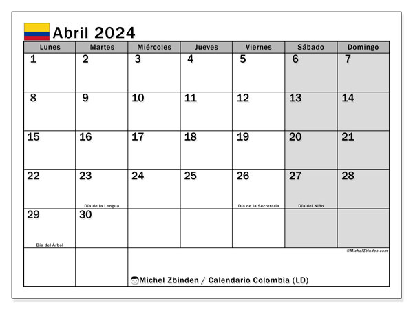 Calendario para imprimir, abril 2024, Colombia (LD)