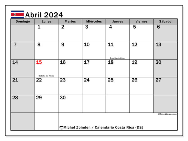 Calendario abril 2024 “Costa Rica”. Horario para imprimir gratis.. De domingo a sábado