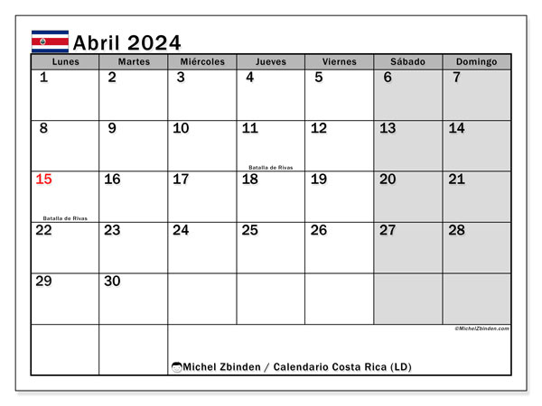 Calendario abril 2024 “Costa Rica”. Horario para imprimir gratis.. De lunes a domingo