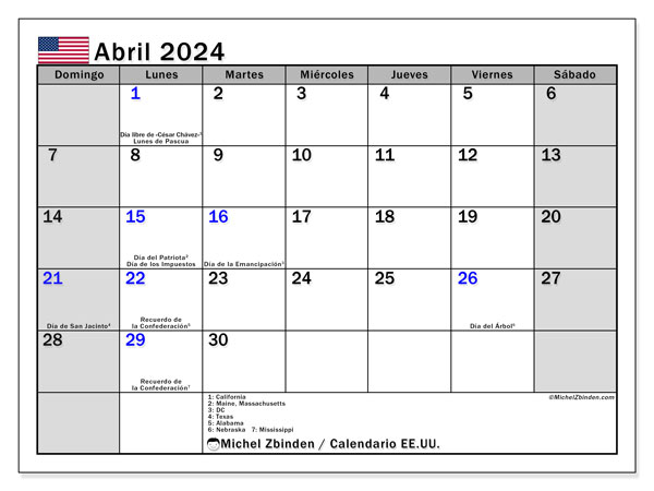 Calendar aprilie 2024, SUA (ES). Program imprimabil gratuit.