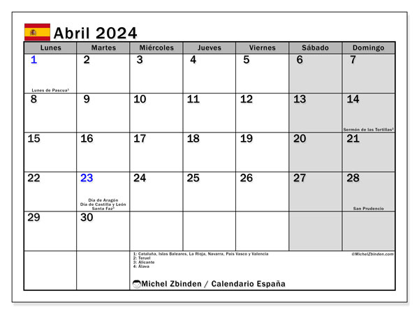 Calendário Abril 2024, Espanha (ES). Horário gratuito para impressão.