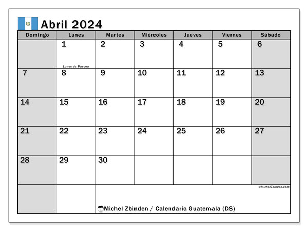Kalendarz kwiecień 2024, Gwatemala (ES). Darmowy plan do druku.
