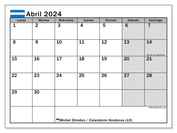 Honduras (LD), calendario de abril de 2024, para su impresión, de forma gratuita.