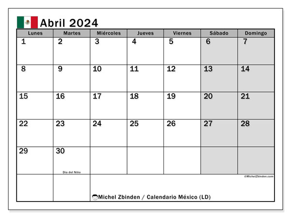 Calendar April 2024, Mexico (ES). Free printable program.