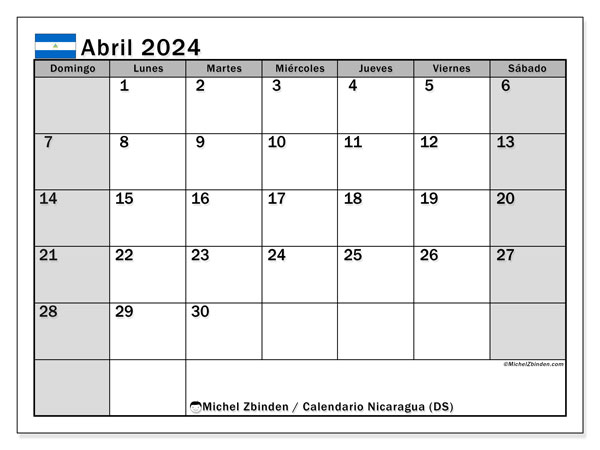 Calendario abril 2024, Nicaragua. Programa para imprimir gratis.