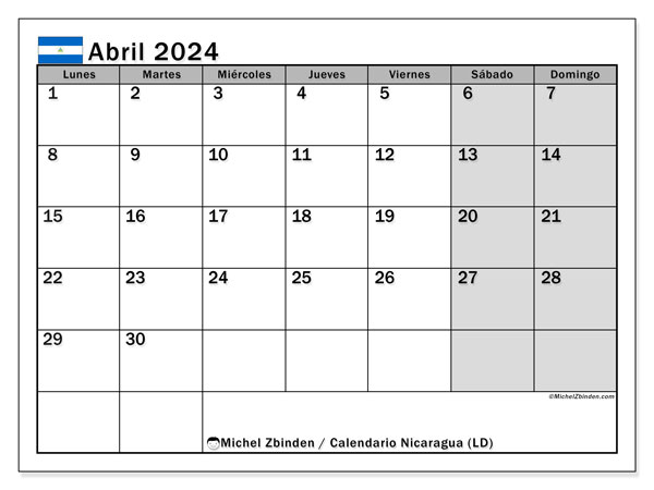 Calendario abril 2024 “Nicaragua”. Horario para imprimir gratis.. De lunes a domingo