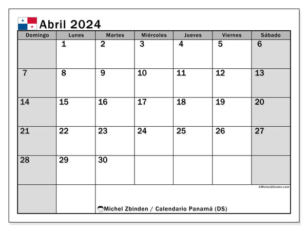 Calendario abril 2024 “Panamá”. Horario para imprimir gratis.. De domingo a sábado