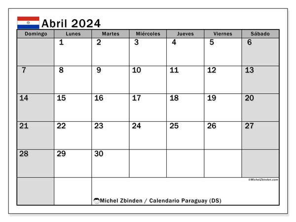 Calendario abril 2024, Paraguay (ES). Calendario para imprimir gratis.