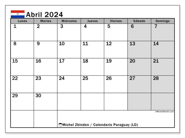 Calendario abril 2024 “Paraguay”. Programa para imprimir gratis.. De lunes a domingo