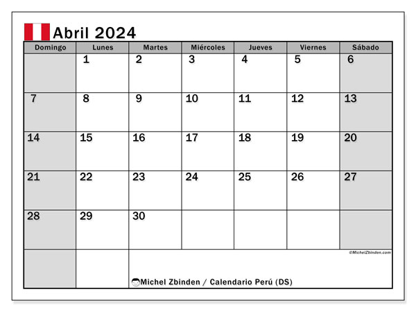 Kalendarz kwiecień 2024, Peru (ES). Darmowy plan do druku.