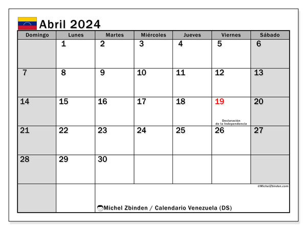 Calendario abril 2024 “Venezuela”. Horario para imprimir gratis.. De domingo a sábado