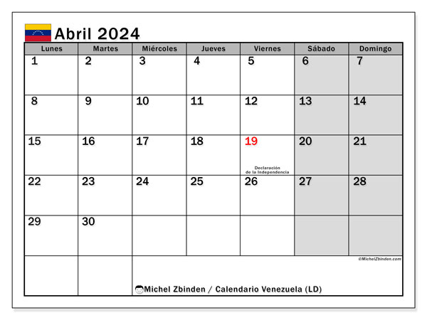 Calendario abril 2024 “Venezuela”. Horario para imprimir gratis.. De lunes a domingo