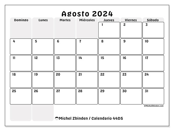 44DS, calendario de agosto de 2024, para su impresión, de forma gratuita.
