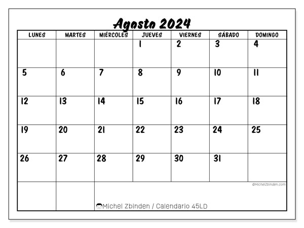 Calendario agosto 2024, 45LD. Diario para imprimir gratis.