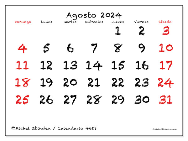 Calendario agosto 2024, 46DS. Diario para imprimir gratis.