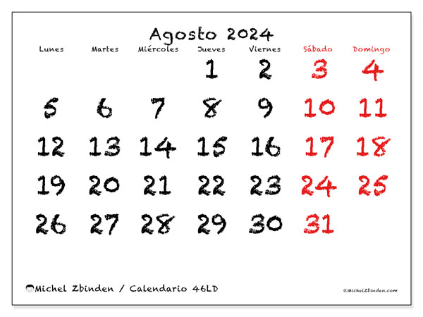 Calendario agosto 2024, 46DS. Diario para imprimir gratis.