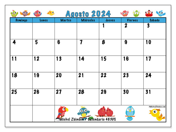 Calendario agosto 2024 “483”. Diario para imprimir gratis.. De domingo a sábado