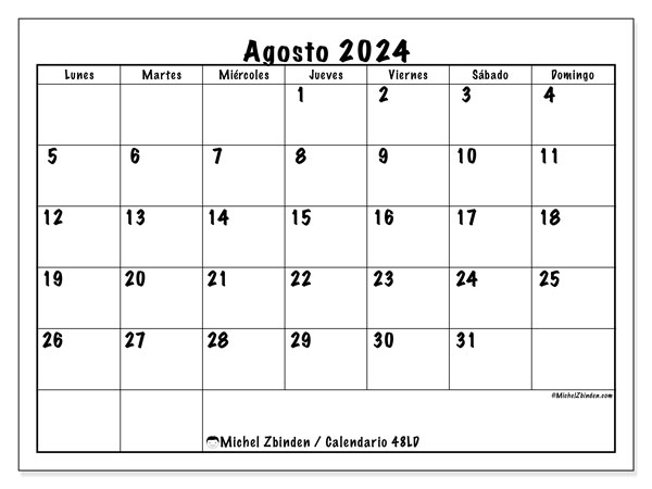 Calendario agosto 2024, 48DS. Programa para imprimir gratis.