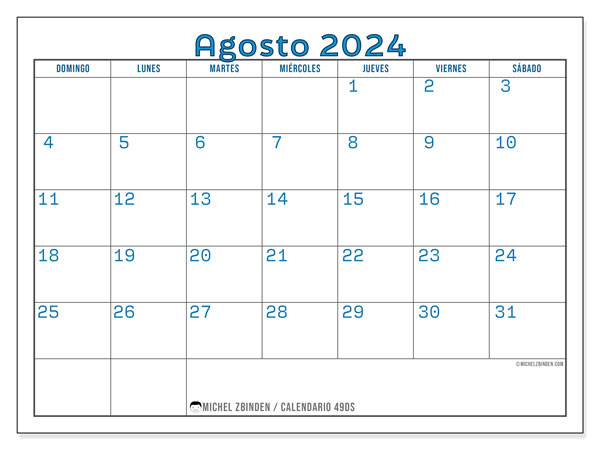 Calendario agosto 2024 “49”. Horario para imprimir gratis.. De domingo a sábado