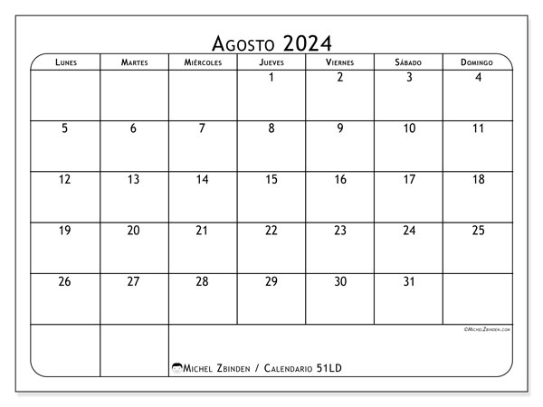Calendario agosto 2024 “51”. Diario para imprimir gratis.. De lunes a domingo