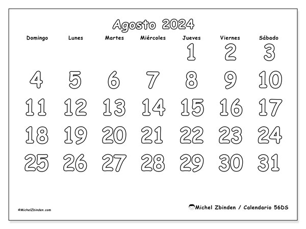 56DS, calendario de agosto de 2024, para su impresión, de forma gratuita.