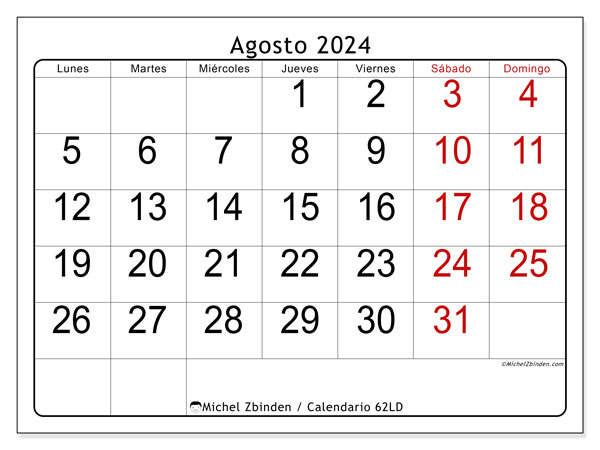 Calendario agosto 2024 “62”. Diario para imprimir gratis.. De lunes a domingo