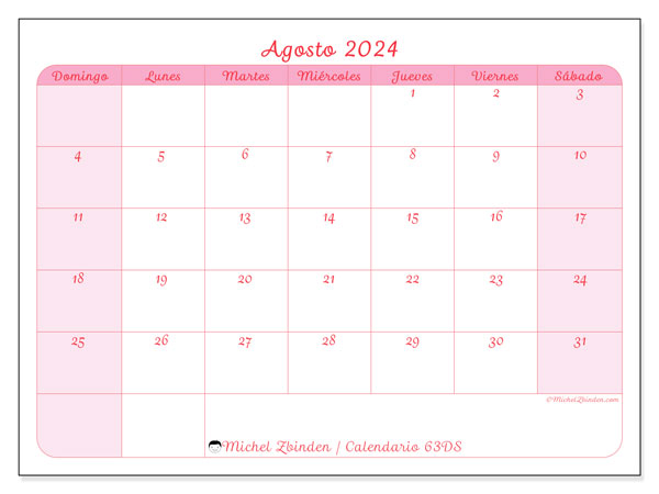 Calendario agosto 2024 “63”. Horario para imprimir gratis.. De domingo a sábado