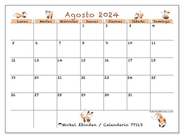 Calendario para imprimir, agosto 2024, 771LD