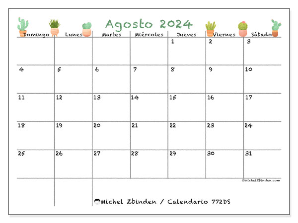 Calendario para imprimir, agosto 2024, 772DS
