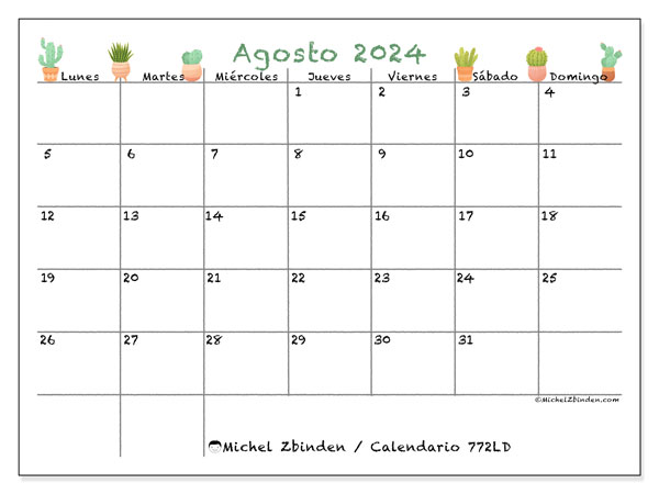 Calendario para imprimir, agosto 2024, 772LD