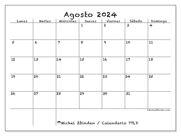 77LD, calendario de agosto de 2024, para su impresión, de forma gratuita.