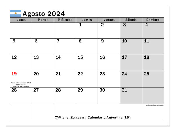 Argentina (LD), calendario de agosto de 2024, para su impresión, de forma gratuita.