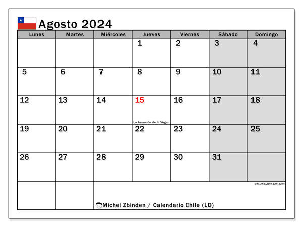 Kalendarz sierpień 2024 “Chile”. Darmowy program do druku.. Od poniedziałku do niedzieli