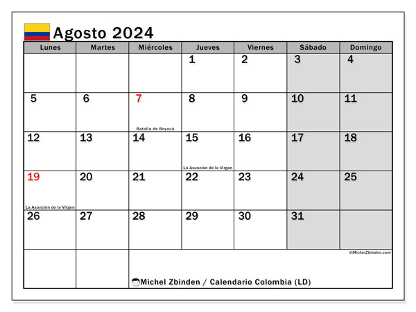 Kalender augustus 2024 “Colombia”. Gratis printbare kaart.. Maandag tot zondag