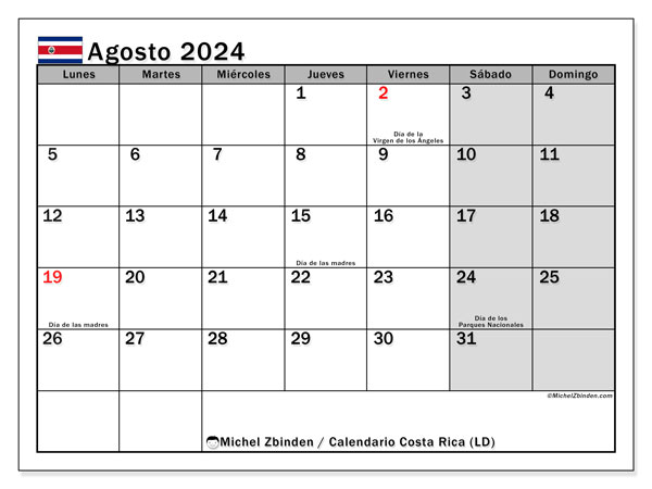 Kalendarz sierpień 2024 “Kostaryka”. Darmowy terminarz do druku.. Od poniedziałku do niedzieli