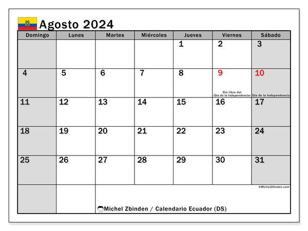 Kalender augustus 2024 “Ecuador”. Gratis printbare kaart.. Zondag tot zaterdag
