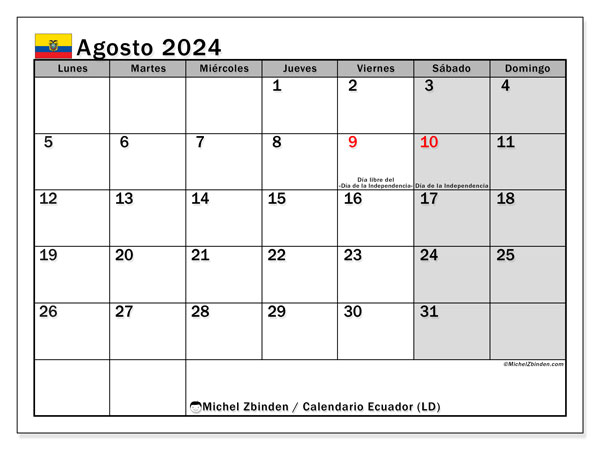 Kalender augustus 2024 “Ecuador”. Gratis printbare kaart.. Maandag tot zondag