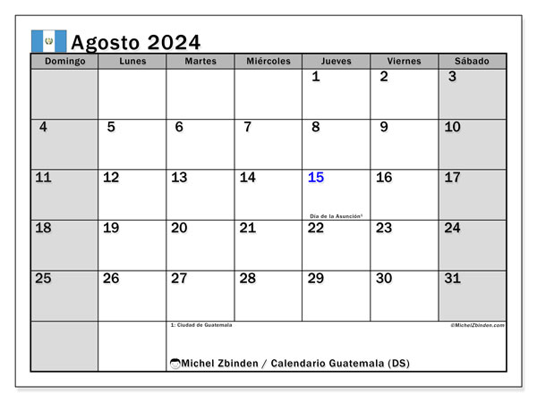 Calendario agosto 2024 “Guatemala”. Horario para imprimir gratis.. De domingo a sábado